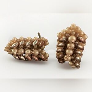 Vintage Cluster Earrings Handmade Or Artisan Metallic Cream Bead Design Clip On